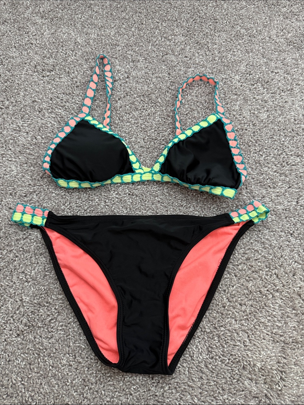 Xhilaration Black Bikini with Neon Green and Coral Pink Trim